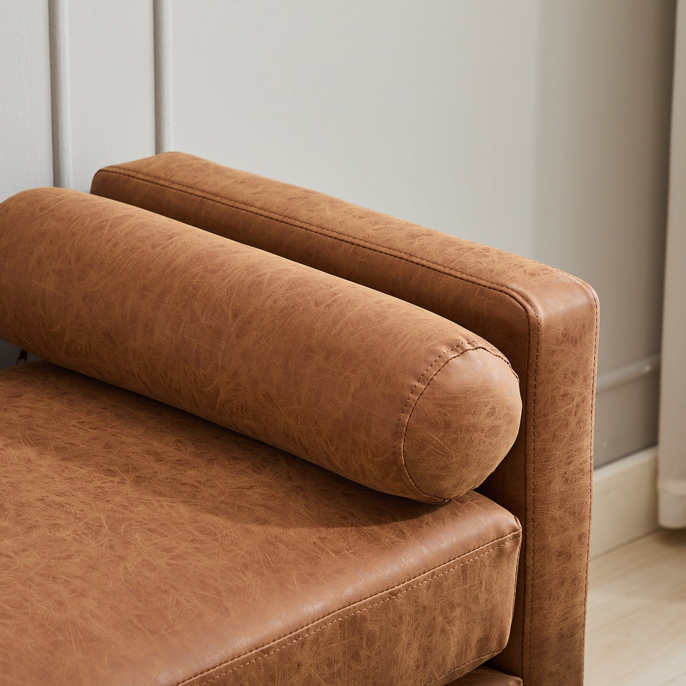 Elegant Upholstered Bench,Daybed,Ottoman with Wood Legs & 2 Bolster Pillows,Brown PU,66.34'W