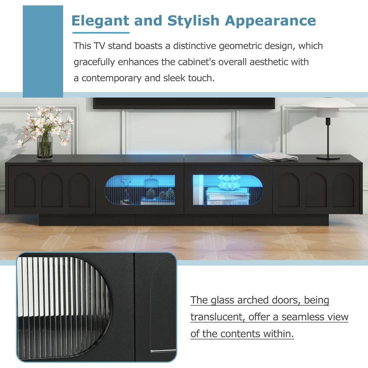 TV Stand with Fluted tempered Glass Doors for TVs Up to 95", Functional Media Console with Arched Cabinet Doors, Entertainment Center with APP-Controlled LED Light for Living Room, Black