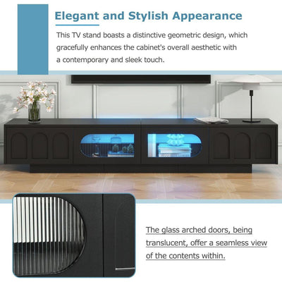 TV Stand with Fluted tempered Glass Doors for TVs Up to 95", Functional Media Console with Arched Cabinet Doors, Entertainment Center with APP-Controlled LED Light for Living Room, Black