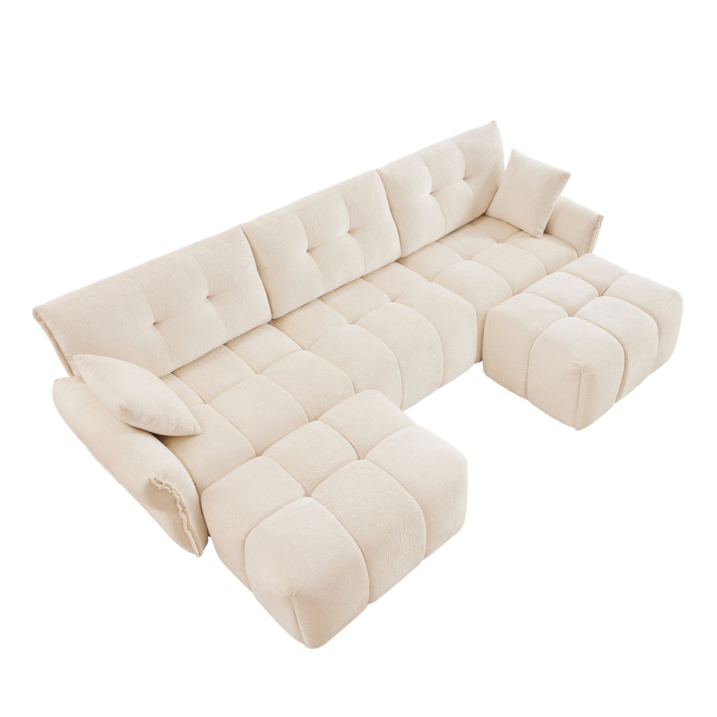 Elegant Textured Chenille 3 Seater Sofa Set with Ottoman and Throw Pillows in Sturdy Solid Wood Frame, White