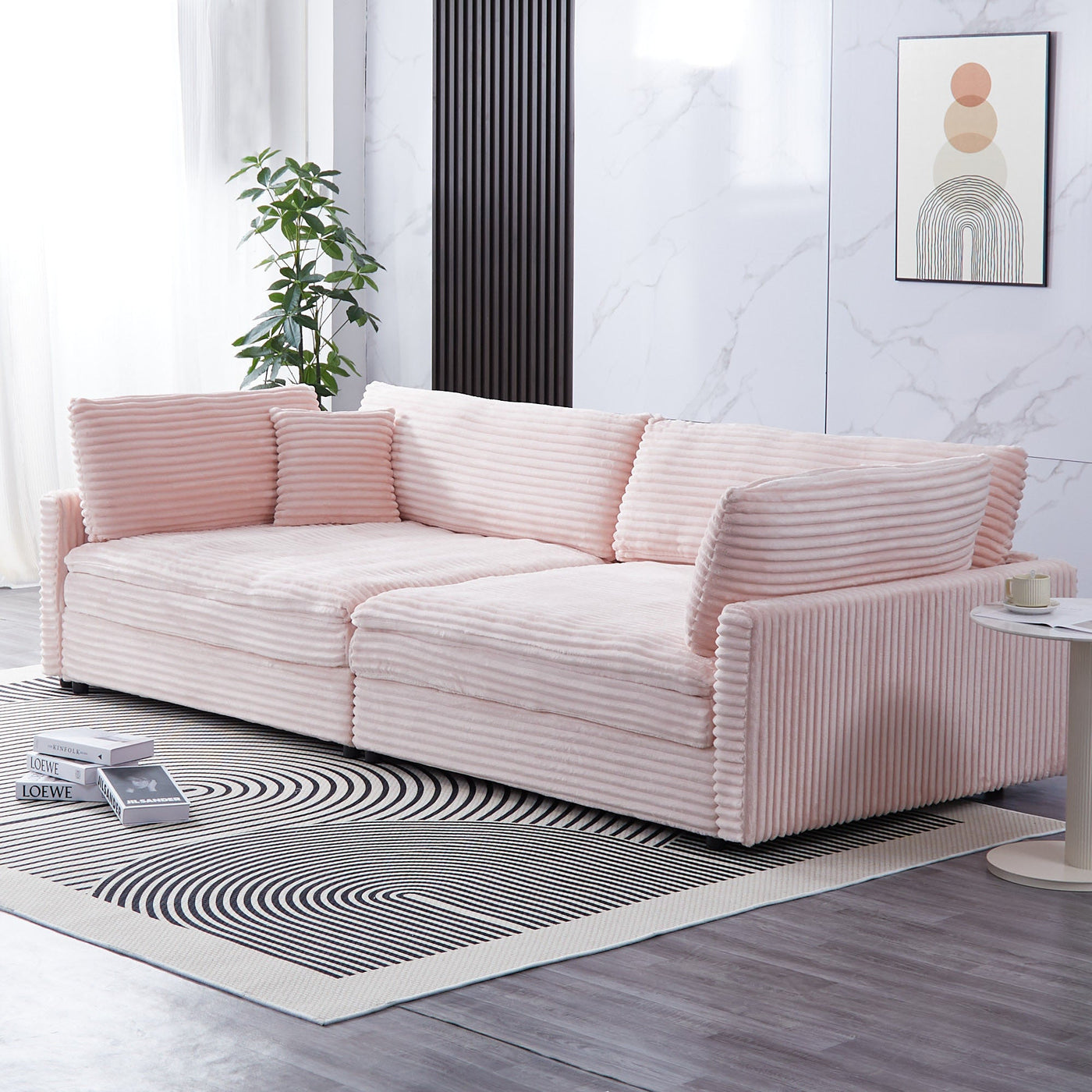 Elegant Pink Corduroy Sofa with Throw Pillows and Backrests for Living Room Leisure