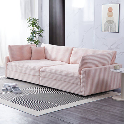 Elegant Pink Corduroy Sofa with Throw Pillows and Backrests for Living Room Leisure