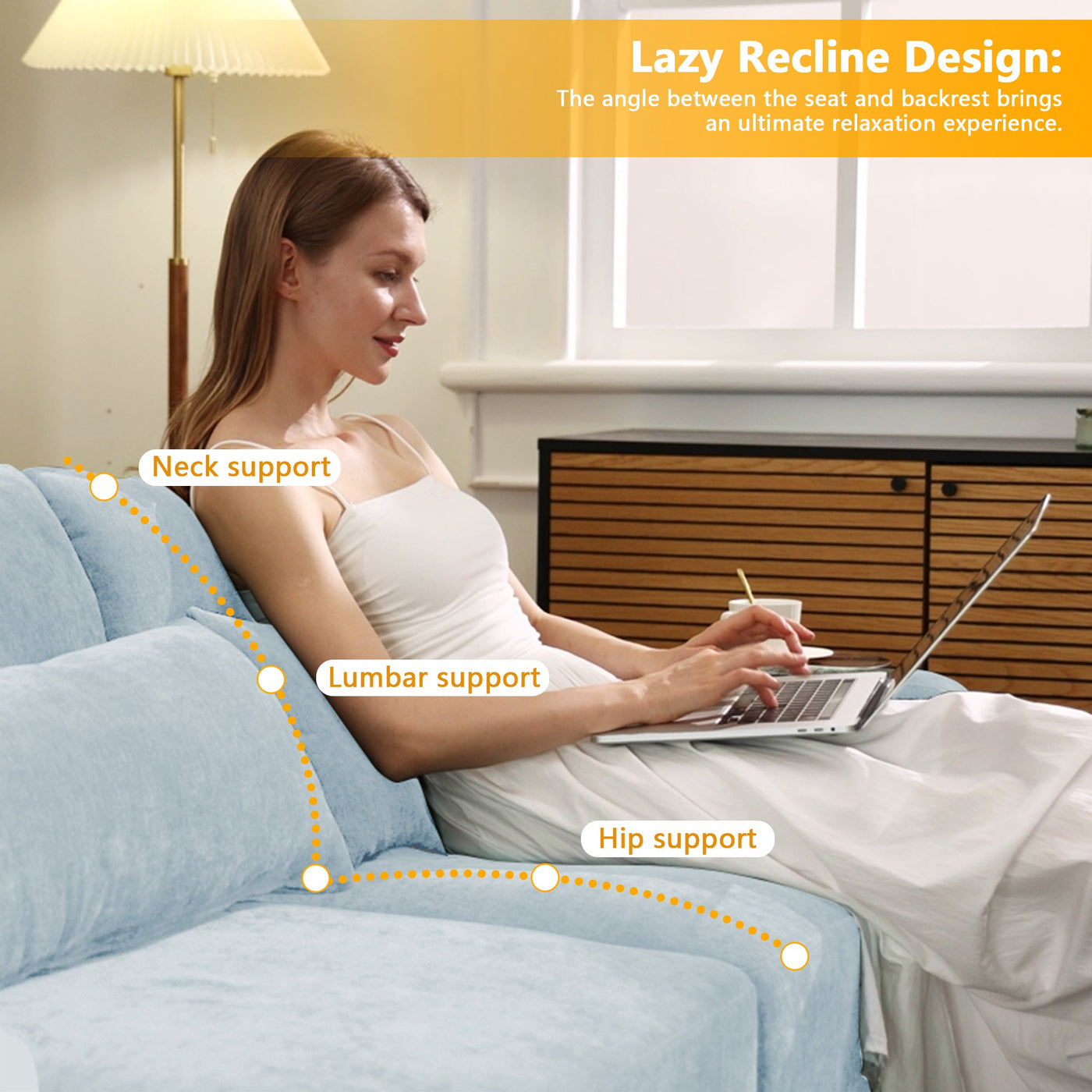 Elegant Sky Blue Three-Seater Sofa with Lumbar Pillow, Chenille Upholstery, Ergonomic Design, Wooden Base