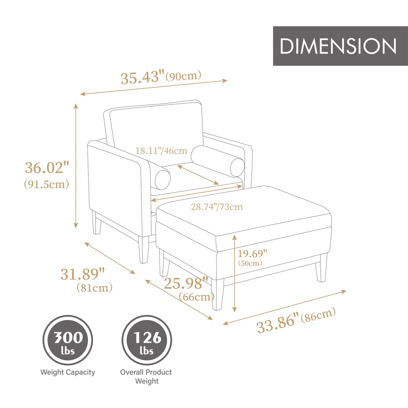 Farmhouse 35.4 in. Upholstered Accent Chair with Ottoman, Ivory Boucle and Black Wood Base, Reversible Lid Coffee Table for Living Room or Office