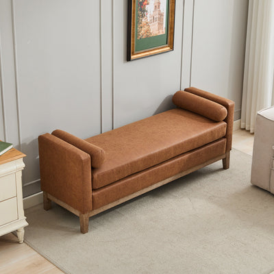 Elegant Upholstered Bench,Daybed,Ottoman with Wood Legs & 2 Bolster Pillows,Brown PU,66.34'W