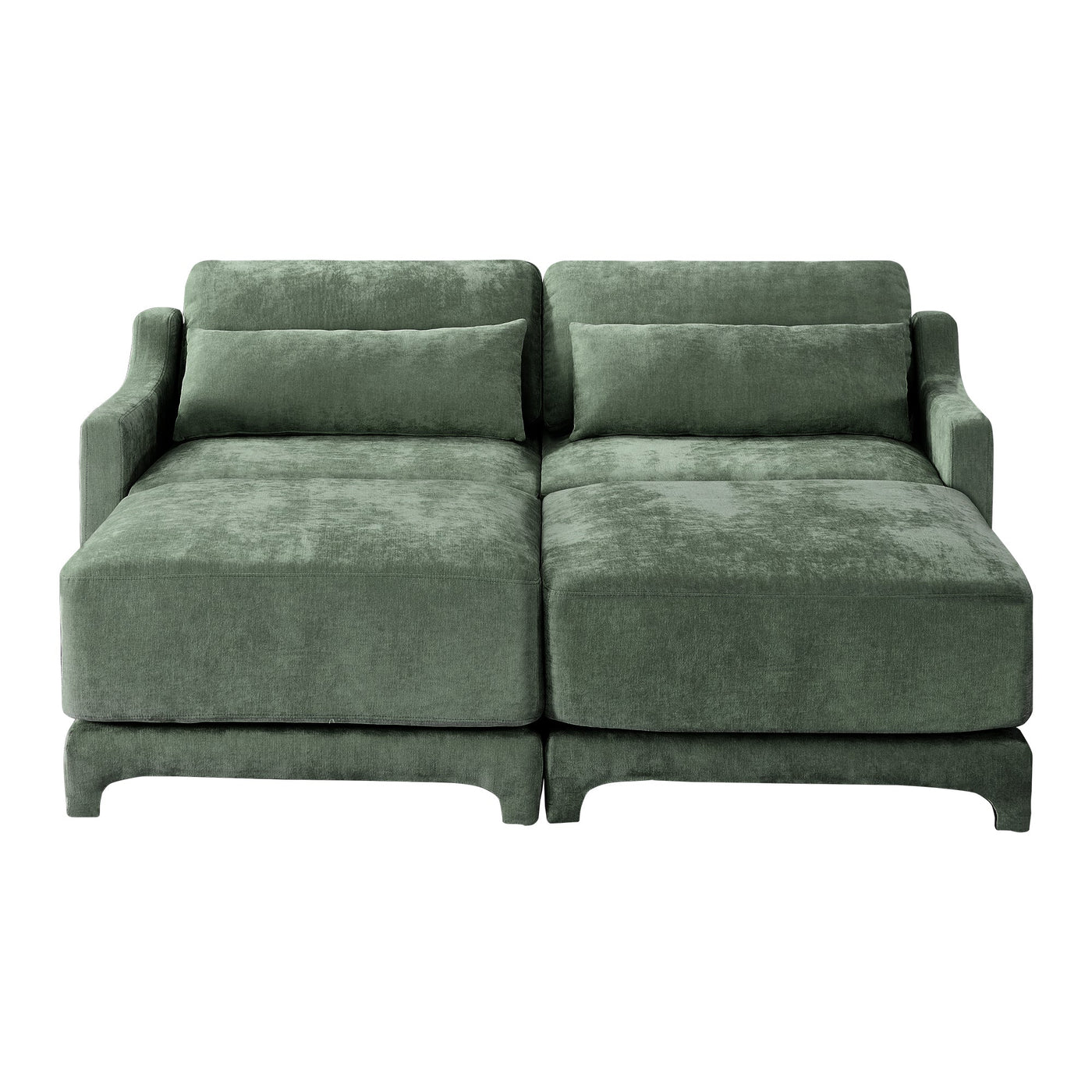 Stylish Two-Seater Sofa with Ottoman and Lumbar Pillows, Green Chenille Fabric, Ergonomic Design