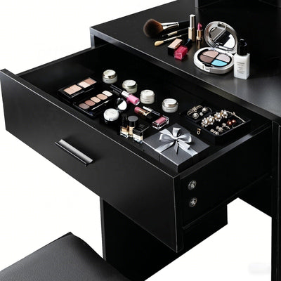 Vanity Desk with Mirror and Lights, Makeup Vanity with Drawer & Storage Cabinet, 3 Adjustable Lighting Colors, Makeup Desk with Open Shelves for Bedroom, Dressing Room, Black