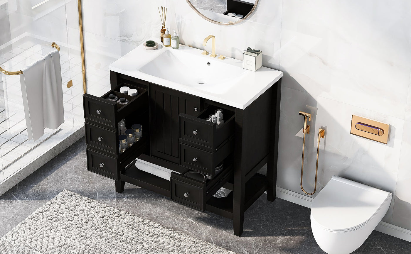 36' Bathroom Vanity with Sink Combo, One Cabinet and Three Drawers, Solid Wood and MDF Board, Black (Old Sku:SY999505AAB)