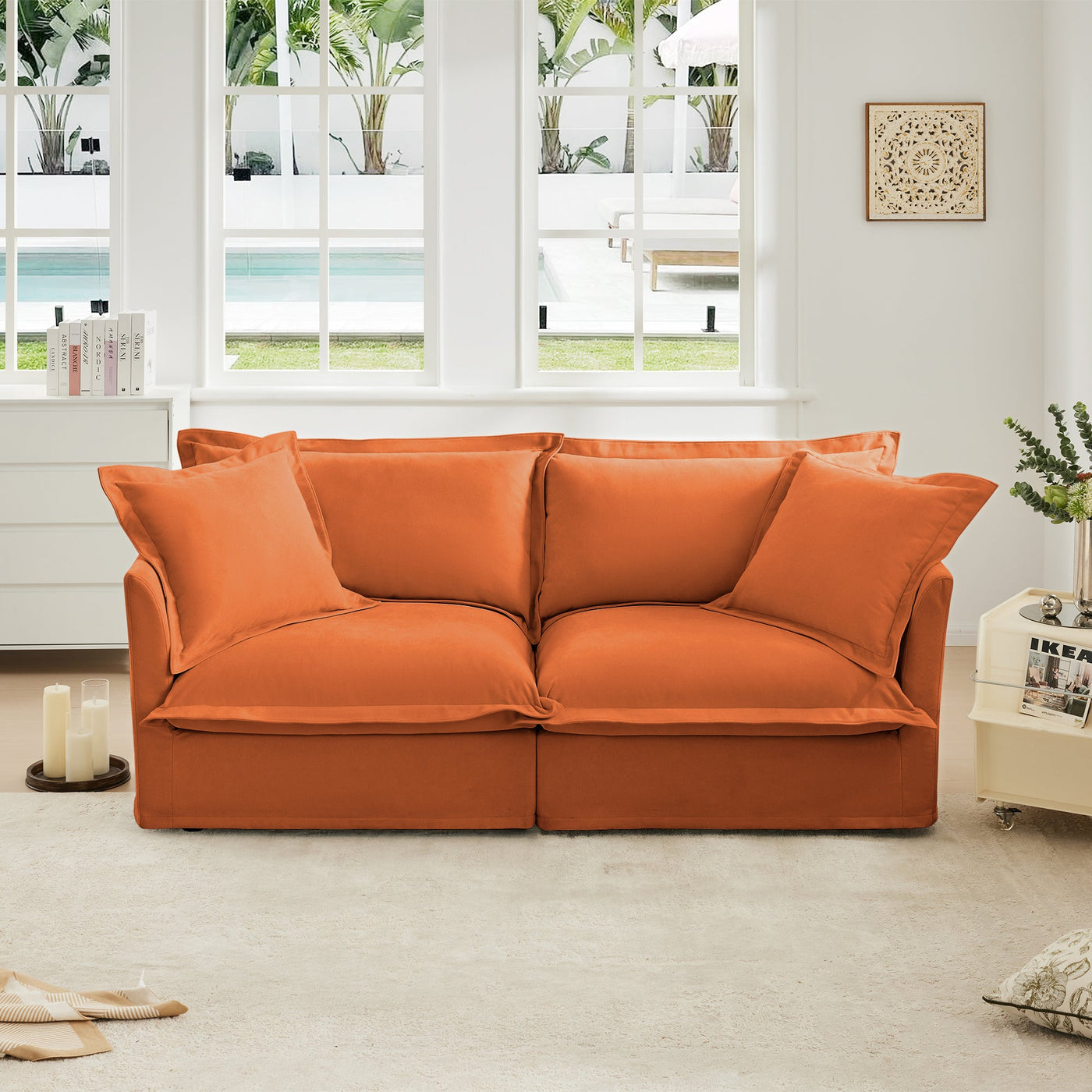 Modern Slipcovered 2-Seat Sofa Couches for Living Room, 2 Seater Sofa, Plain Chenille Deep Seat Sofa with Upholstered Cushion&Detachable Cover, Comfy Sofa Couch for Small Space, Apartment,Orange