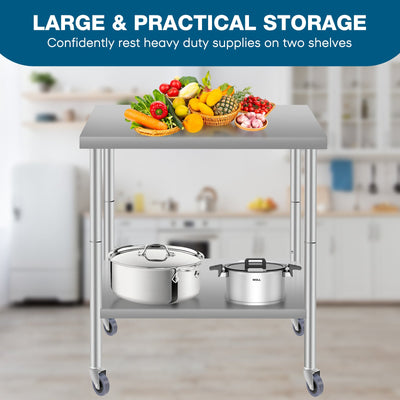 30''*24'' Commercial Work Table for Restaurant and Home Stainless Steel Kitchen Prep Table with Under Shelf and wheels