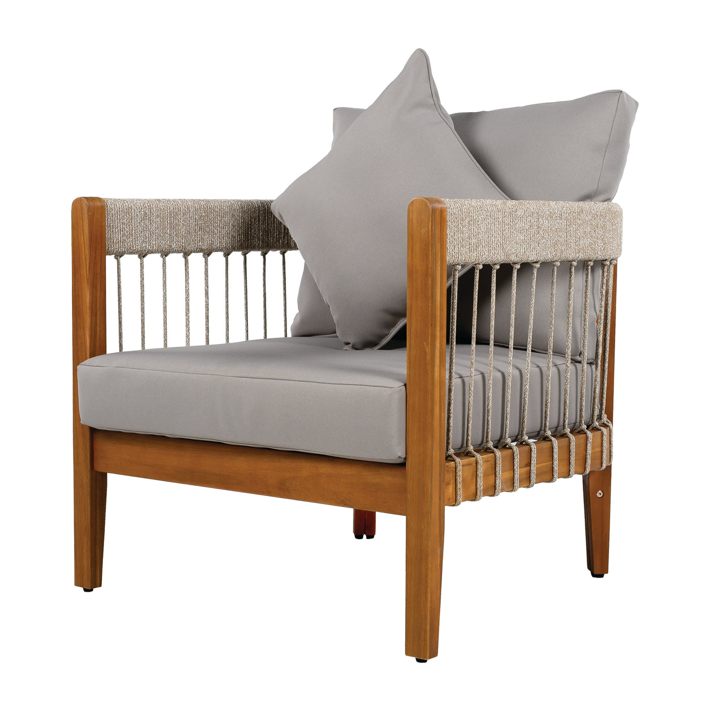 Acacia Wood Outdoor Club Chair with Handwoven Rope Accents & Curved Backrest - Water-Resistant Boho Patio Lounge Chair with Removable Cushions for Porch, Garden