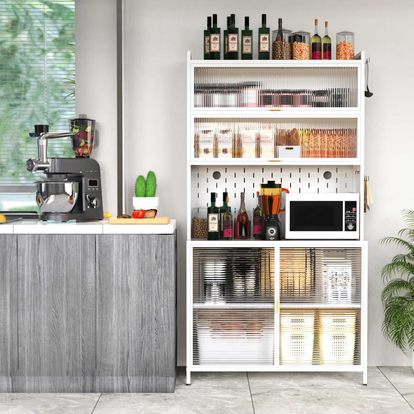 73'' Tall Kitchen Pantry Cabinet , 6 Level Flip Door with Pegboard Metal Pantry Storage Cabinet, Anti-Tip Design Hutch for Kitchen, Dining Room, Living Room (White)