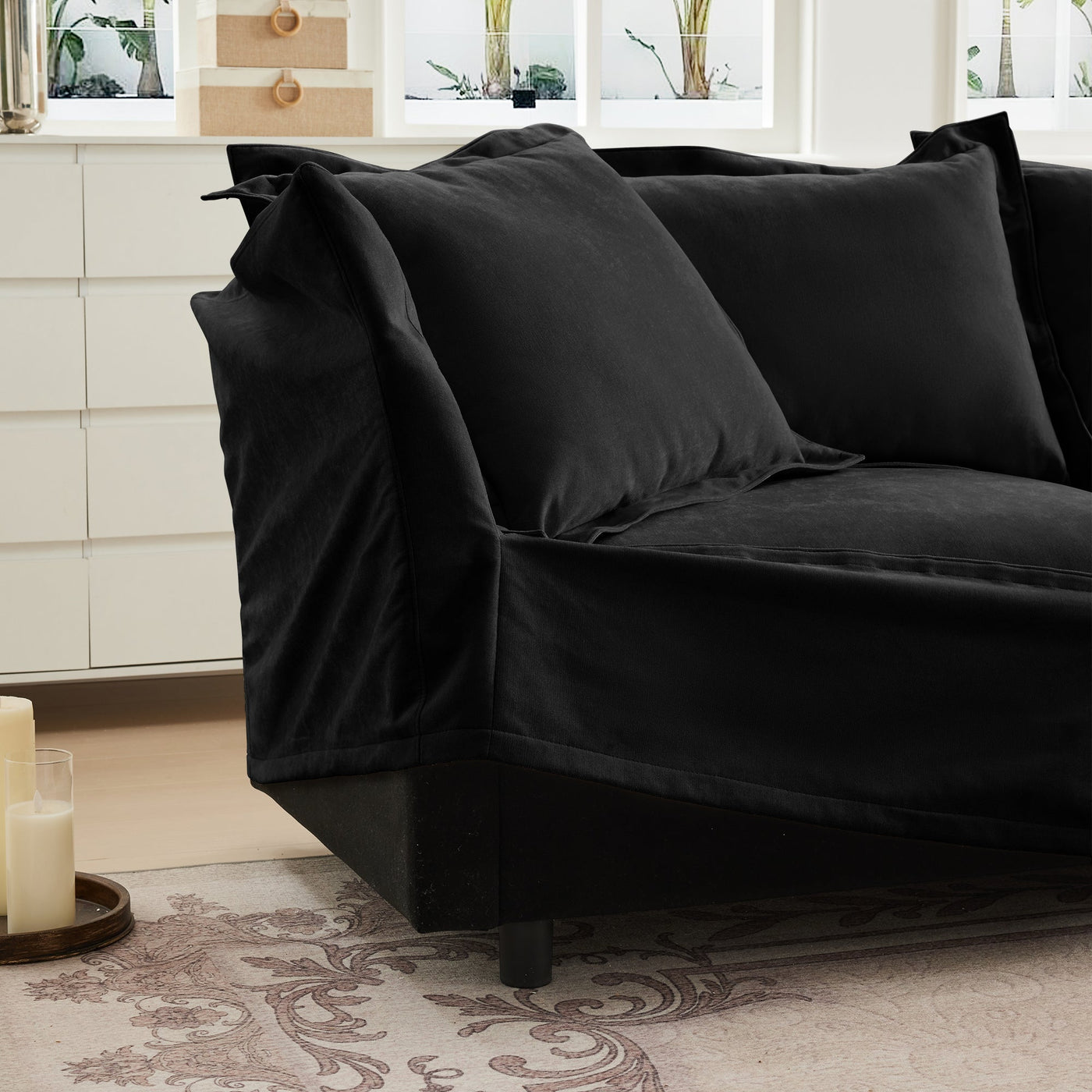 Slip-covered Armchair with 1 Big Back Cushion and 2 Big Toss Pillows, Single Deep Seat Comfy Single Couch Sofa Multiple Large Soft Pillows, Chenille Fabric, Black