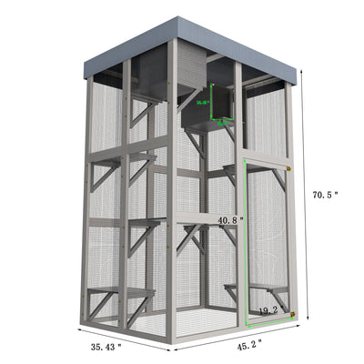 70.5＂ Tall Wooden Catio Outdoor Cat Enclosure, Gray Cat House Large Solid Wood Cage Playpen with 6 Jumping Platforms & 2 Napping Houses, Movable tarp cover