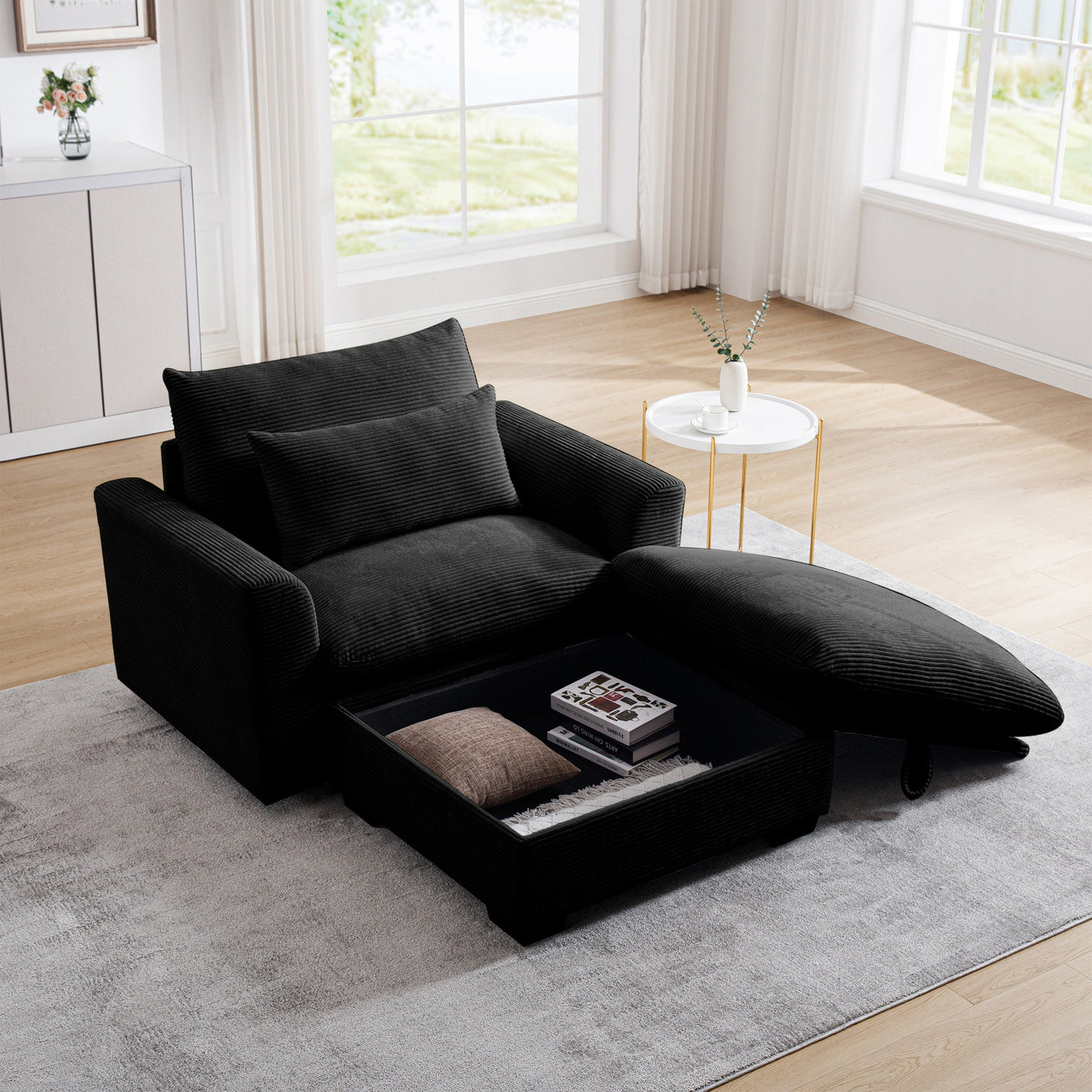 Black Corduroy Sofa Couch, Modular Couch with Storage Ottoman,  Couch Deep Seat Couches for Modern Living Room/Apartment/Office