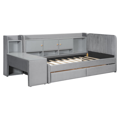 Twin Size Upholstered Daybed with Drawers, Shelves, Flip Cabinets & Side Table (Gray)