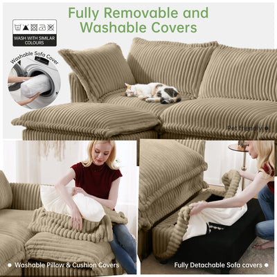 Slip-covered Armchair with 1 Big Back Cushion and 2 Big Toss Pillows, Single Deep Seat Comfy Single Couch Sofa Multiple Large Soft Pillows, Camel Corduroy Fabric