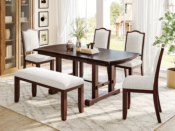 6-Piece Extendable Dining Table Set, 60–78 in. Wood Table with Removable Leaf, 4 Upholstered Chairs and Bench, Cherry Finish
