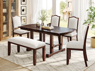6-Piece Extendable Dining Table Set, 60–78 in. Wood Table with Removable Leaf, 4 Upholstered Chairs and Bench, Cherry Finish