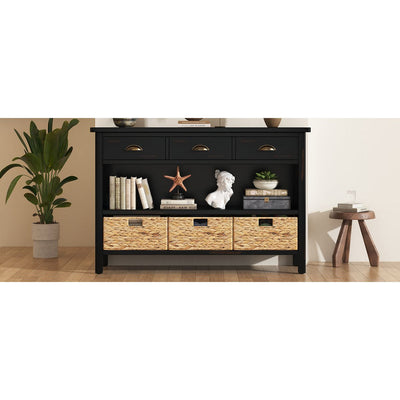 TREXM Retro Console Table with 3 Storage Drawers, Entryway Table with 3 Water Hyacinth Woven Baskets,Wooden Accent Sofa Table Buffet Cabinet for Entryway, Hallway and Living Room (Espresso)