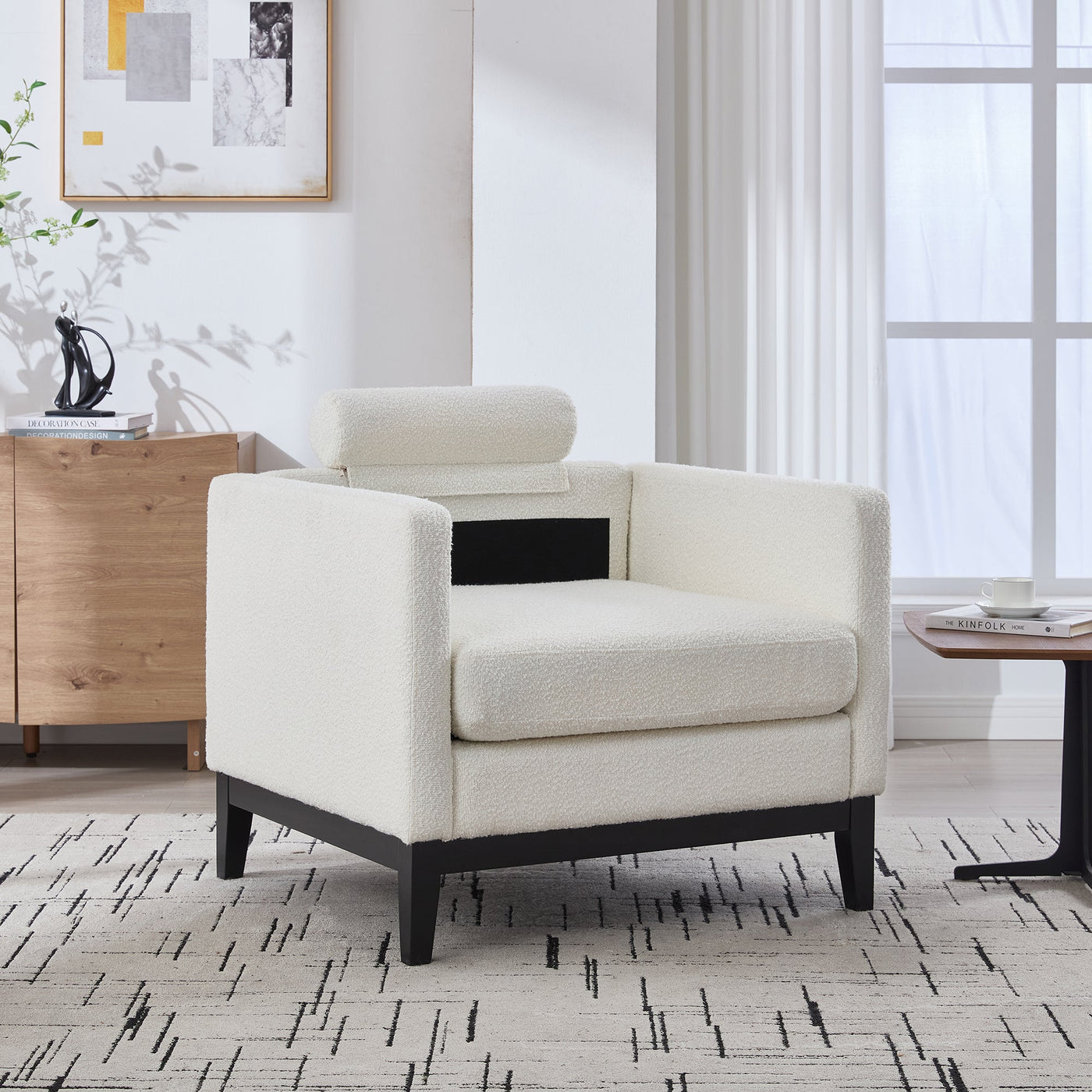 35.4' Wide Modern Farmhouse Performance Accent Chair with Black Finish Legs, Wood Base Reading Armchair Single Sofa with Two Bolster Pillows for Living Room Offices and Lounge, Ivory Boucle.
