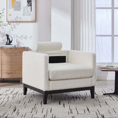 35.4' Wide Modern Farmhouse Performance Accent Chair with Black Finish Legs, Wood Base Reading Armchair Single Sofa with Two Bolster Pillows for Living Room Offices and Lounge, Ivory Boucle.