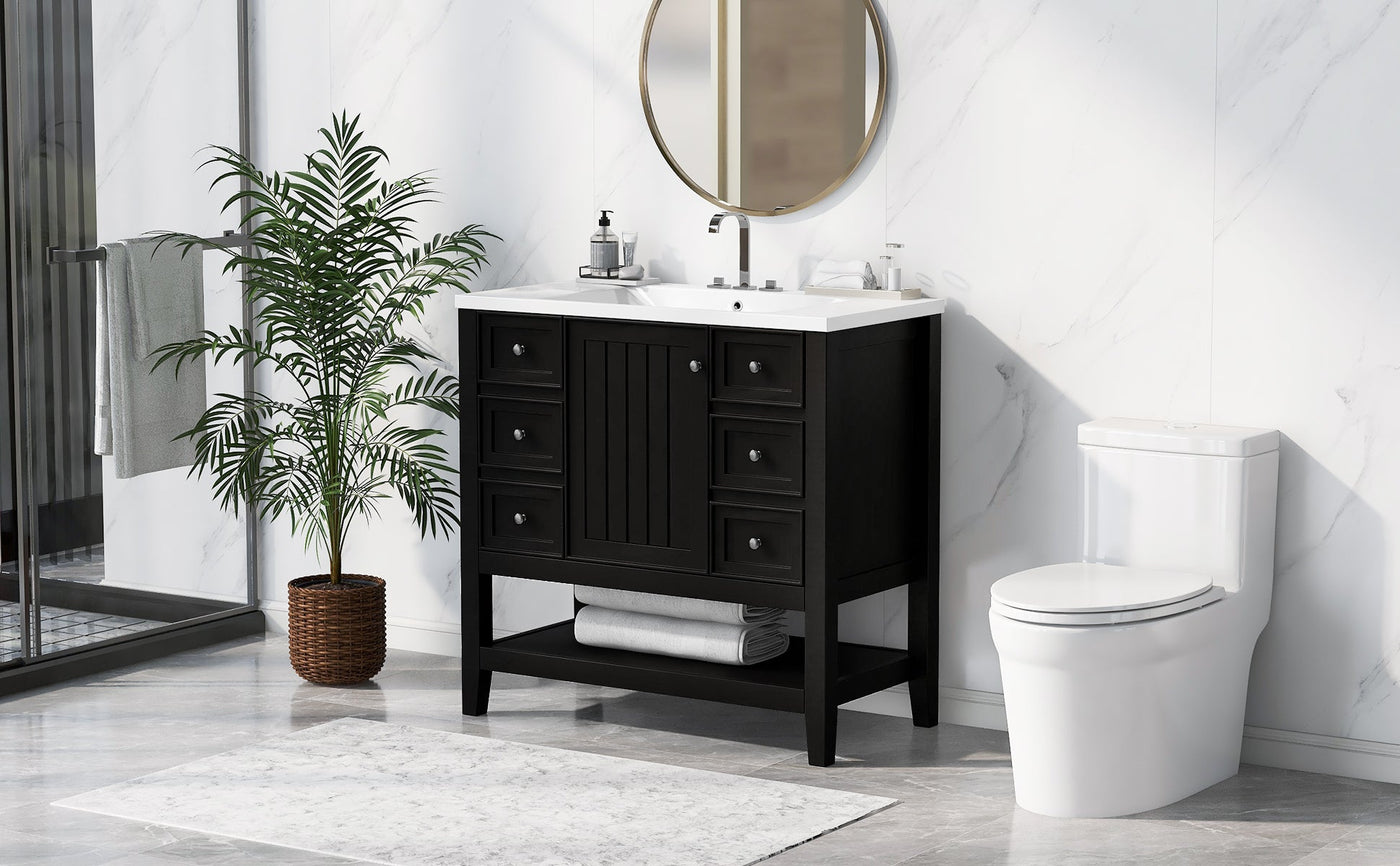 36' Bathroom Vanity with Sink Combo, One Cabinet and Three Drawers, Solid Wood and MDF Board, Black (Old Sku:SY999505AAB)