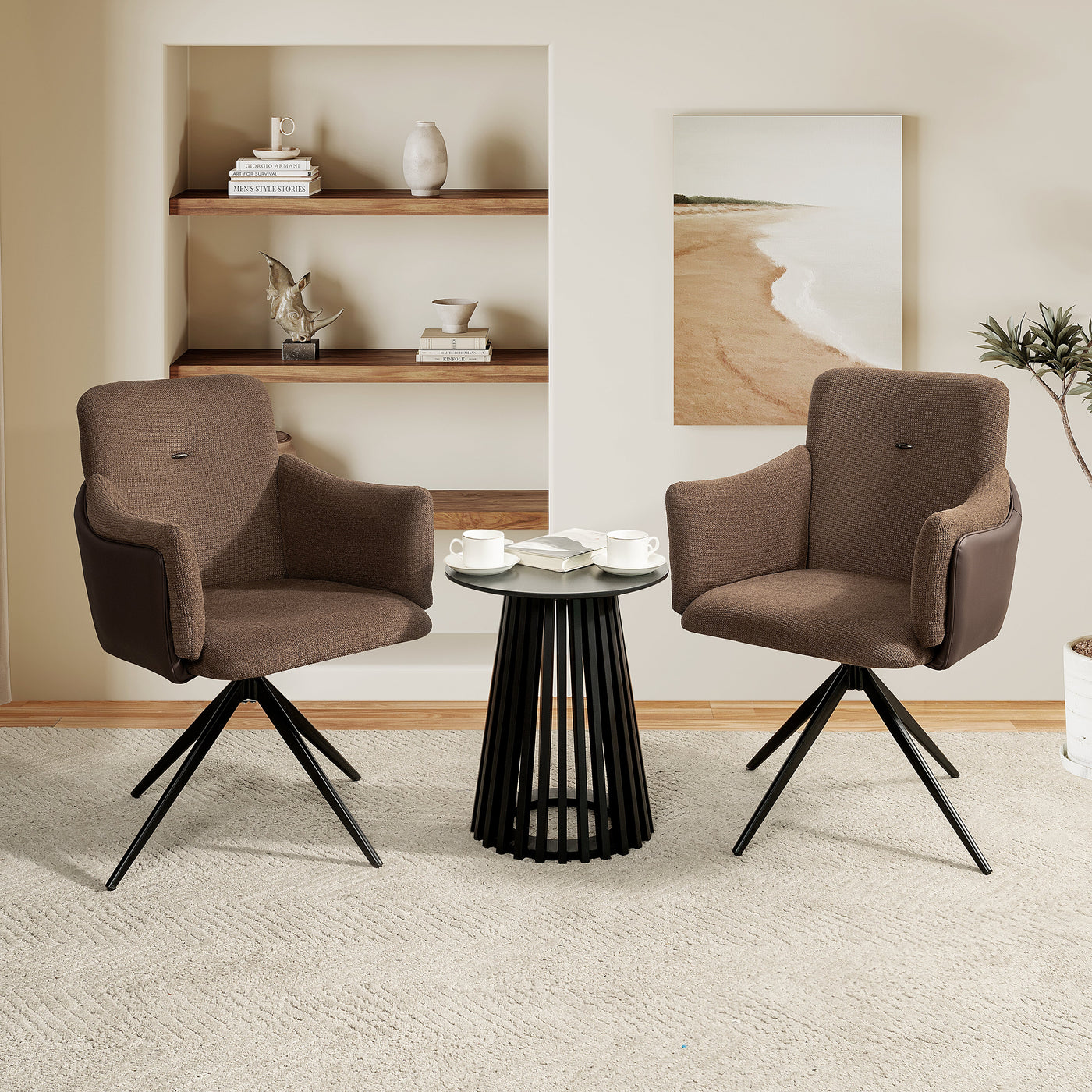 360° Swivel Home Office Desk Chairs Set of 2,Dining Chairs with Arm, Upholstered Bedroom Chairs with Metal Base,Makeup Chair for Vanity, for Living Room, Bedroom,Study Room,Dining Room(Dark Brown)