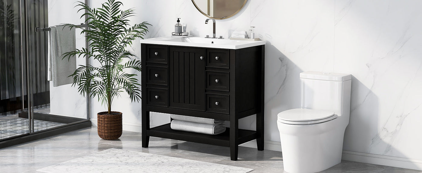 36' Bathroom Vanity with Sink Combo, One Cabinet and Three Drawers, Solid Wood and MDF Board, Black (Old Sku:SY999505AAB)