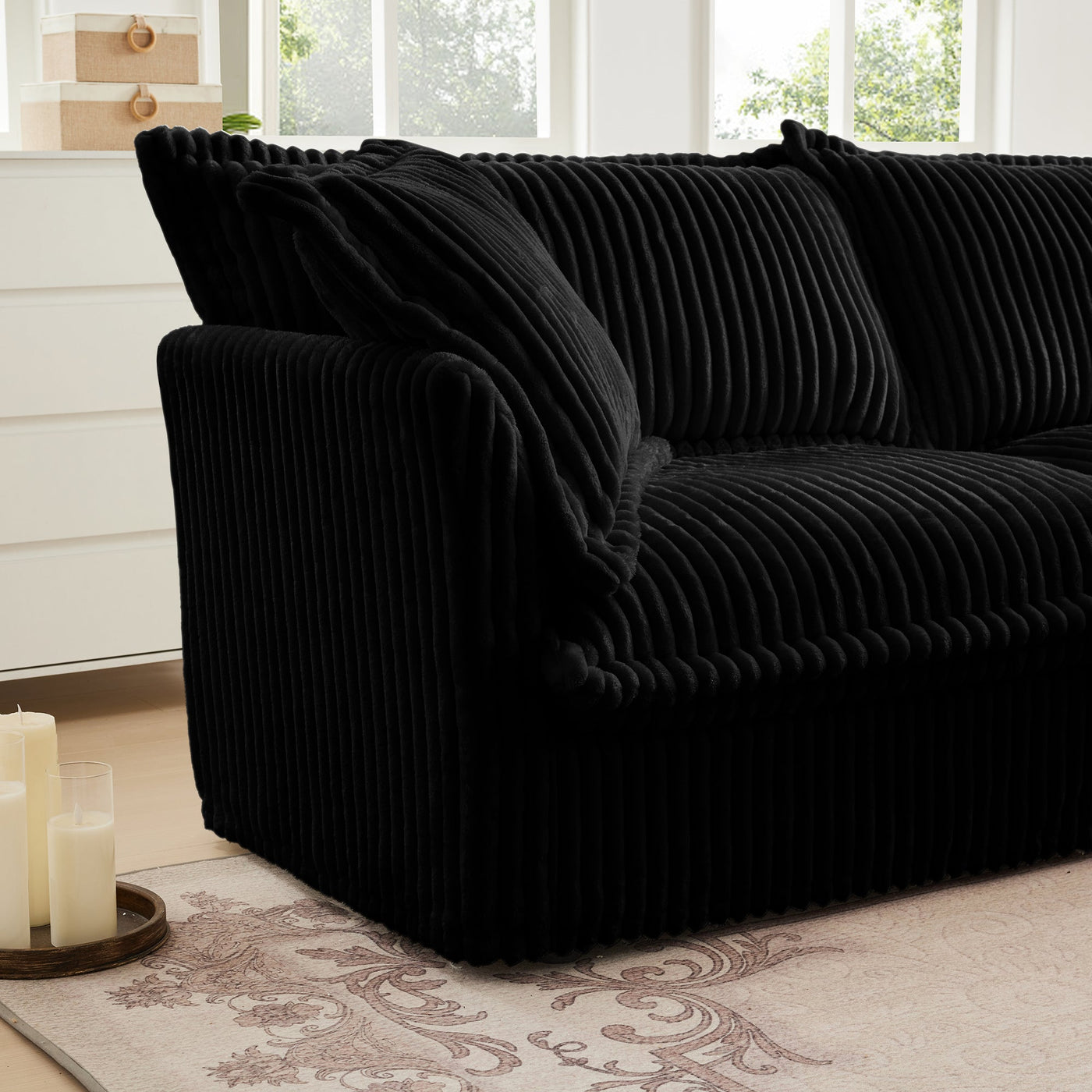 Slipcovered Sofa Couch, Modern 3 Seater Sofa with Suppleness Armrests,Deep Seat Sofa with Soft Multiple Big Pillows, Comfy Couch for Living Room, Apartment,Black Corduroy Fabric