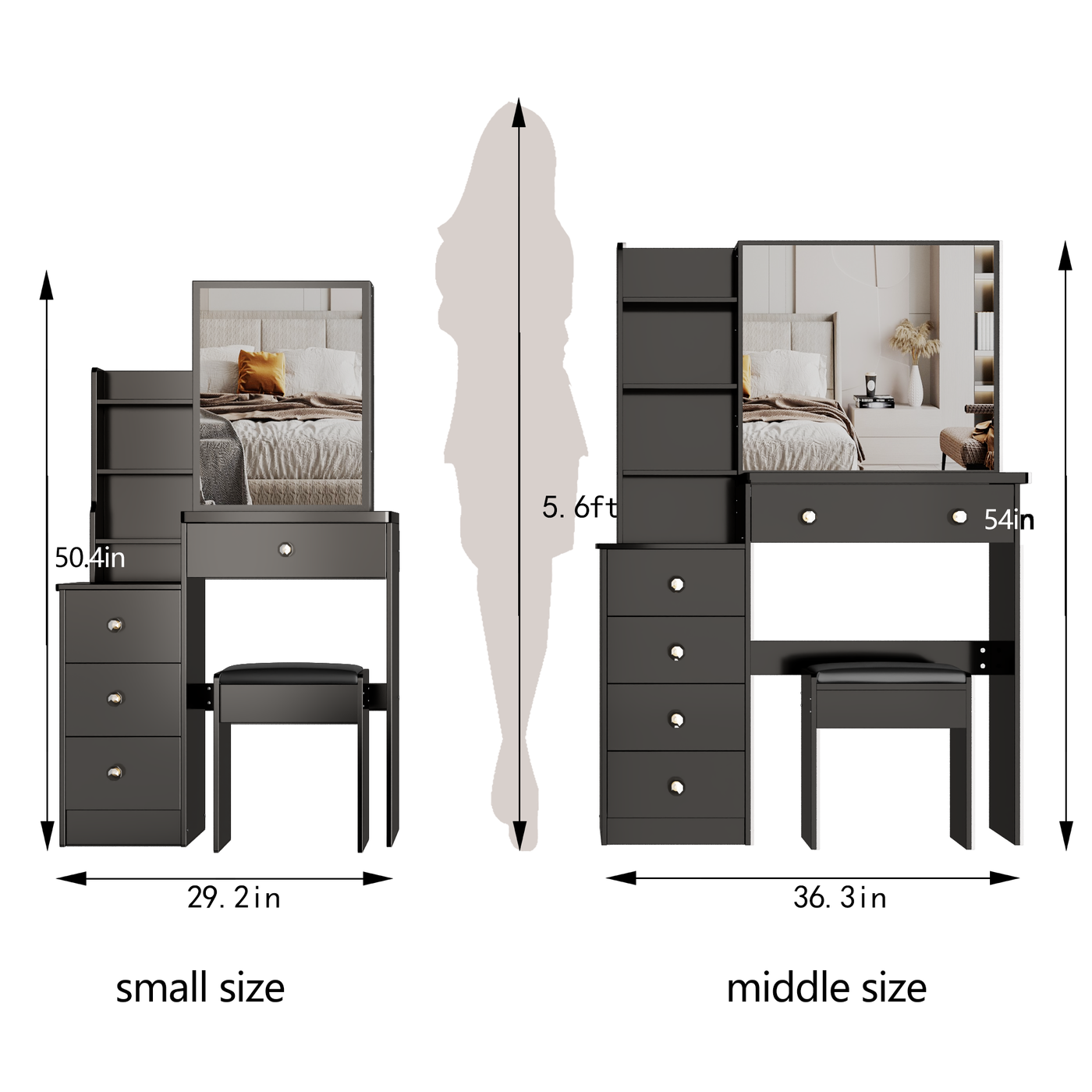 37' Middle Size Left Bedside Cabinet Vanity Table + Cushioned Stool, Extra Large Right sliding mirror, Multi Layer High Capacity Storage, Practical Fashionable Dresser, Suitable For Middle Space