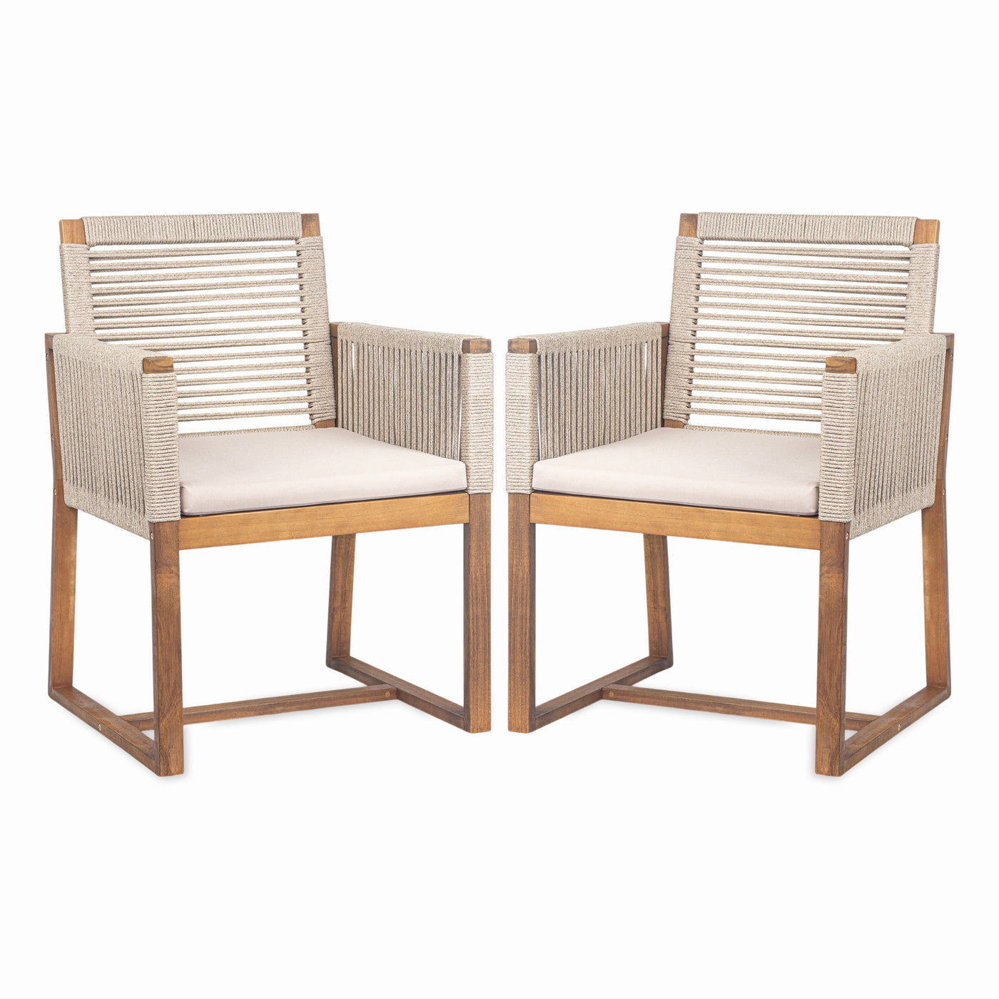 Acacia Wood Outdoor Dining Chairs Set of 2 with Rope Design Back and Arms, Washable Cushion, Light Brown
