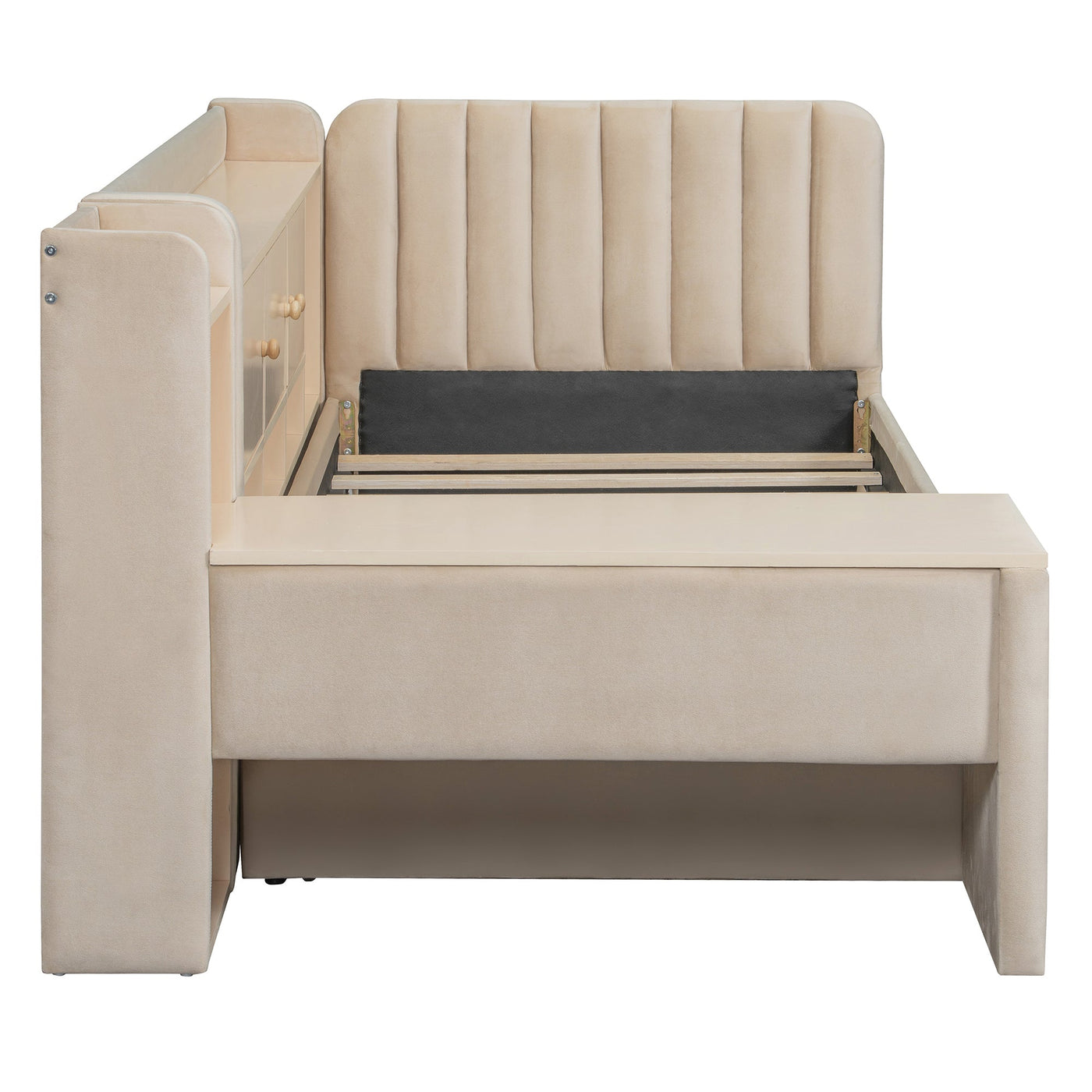 Twin Size Upholstered Daybed with Drawers, Shelves, Flip Cabinets & Side Table (Beige)