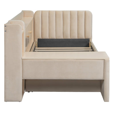 Twin Size Upholstered Daybed with Drawers, Shelves, Flip Cabinets & Side Table (Beige)