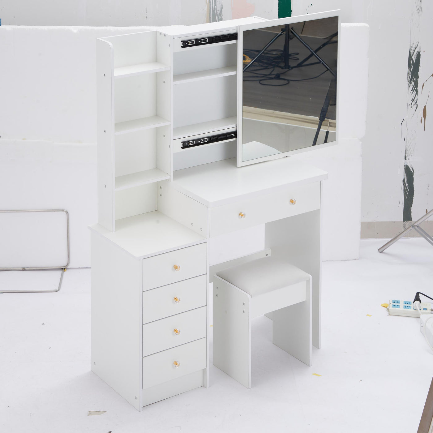 37' Middle Size Left Bedside Cabinet Vanity Table + Cushioned Stool, Extra Large Right sliding mirror, Multi Layer High Capacity Storage, Practical Fashionable Dresser, Suitable For Large Space