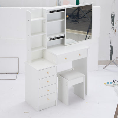 37' Middle Size Left Bedside Cabinet Vanity Table + Cushioned Stool, Extra Large Right sliding mirror, Multi Layer High Capacity Storage, Practical Fashionable Dresser, Suitable For Large Space