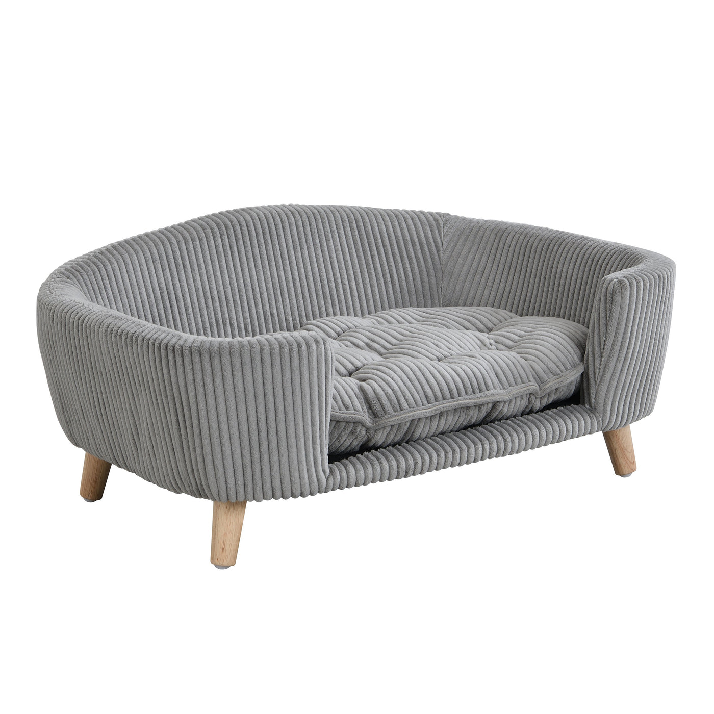 Elevated Dog Bed Frame for Small Dog, Corduroy Pet Couch Bed with Rubber Wood Legs and Supportive Foam, Gray, Easy Assembly