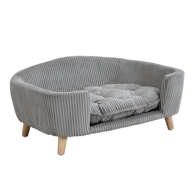 Elevated Dog Bed Frame for Small Dog, Corduroy Pet Couch Bed with Rubber Wood Legs and Supportive Foam, Gray, Easy Assembly