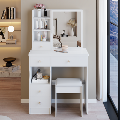 29.2' Small Size Left Drawer Desktop Vanity Table + Cushioned Stool, Extra Large Right sliding mirror, Multi Layer High Capacity Storage, Practical Fashionable Dresser, Suitable For Small Space