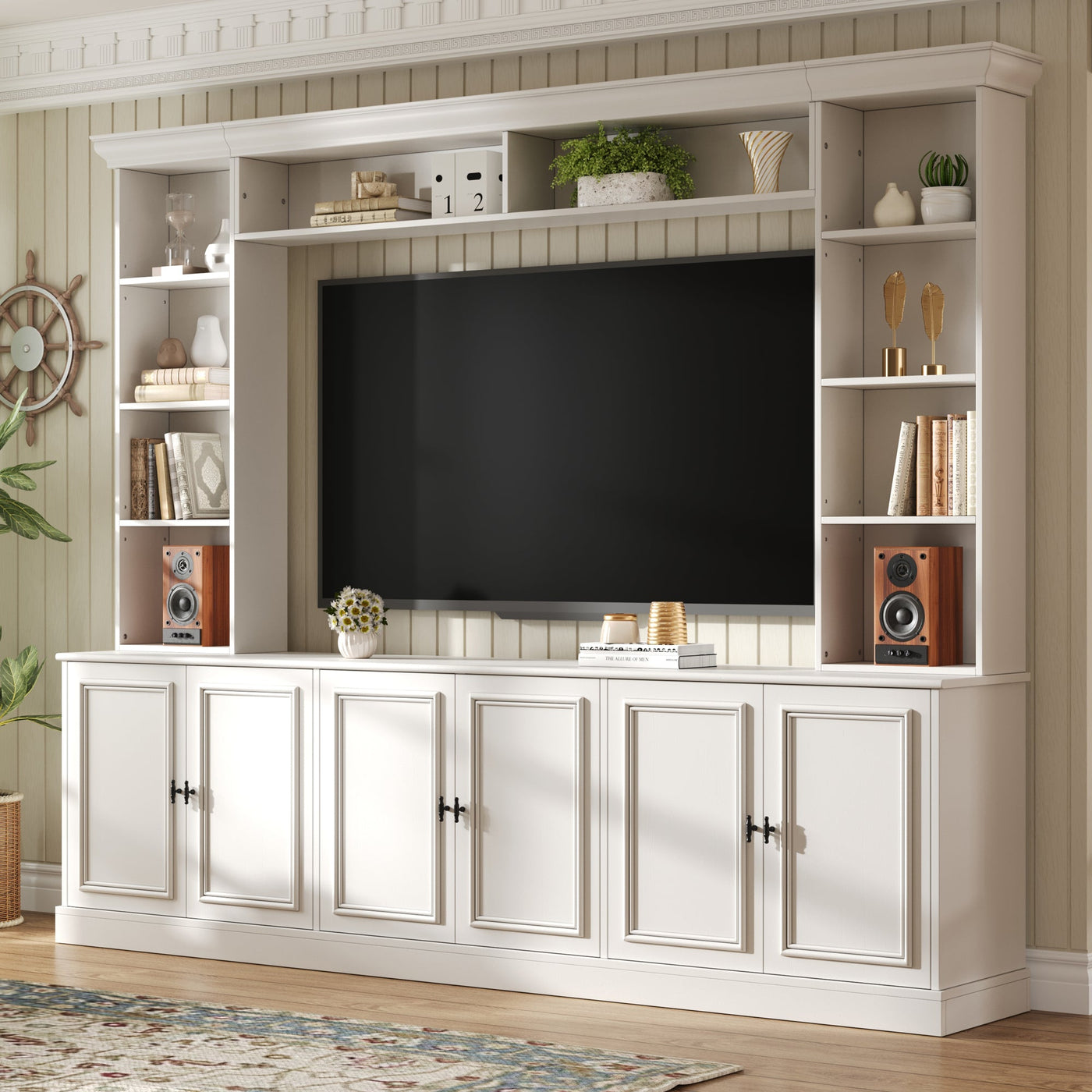 ON-TREND 97.4'W Elegant 4-Piece Wall Unit Entertainment Center with Bookshelf for TVs Up to 70', Versatile TV Stand with Adjustable Shelf, Mid-Century Media Console with Bridge for Living Room, White