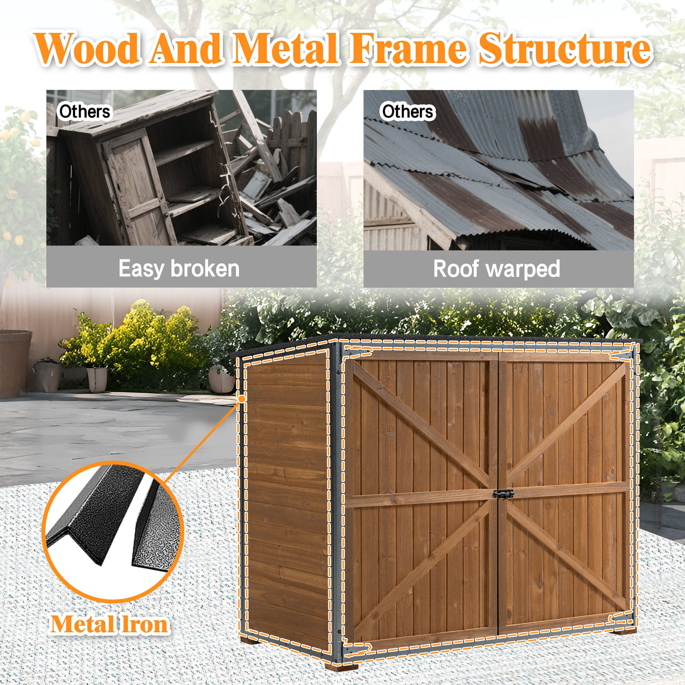 Outdoor Storage Cabinet 50.4'L X 26.8'W X 41'H, Garden Shed Tool Shed with Metal Frame Structure for Backyard Garden Patio Lawn (Brown)