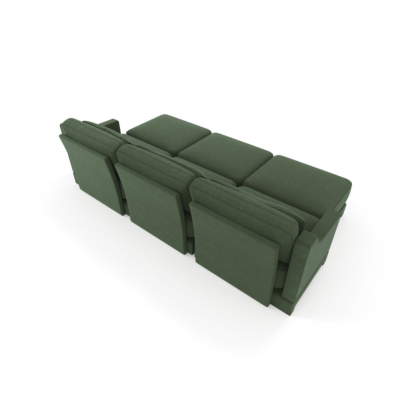 Ergonomic Three-Seater Sofa with Movable Ottomans and Lumbar Pillow in Green Chenille with Wooden Base