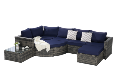 8 Piece Outdoor Patio Sofa Set, Sectional L- Shaped Patio Furniture Wicker Patio Conversation Set with Curved Sofa  Ottoman & Glass Top Table for Backyard Poolside