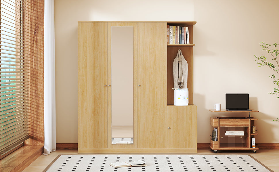 4-Door Wardrobe with Shelves, Drawers, and Full-Length Mirror, Natural