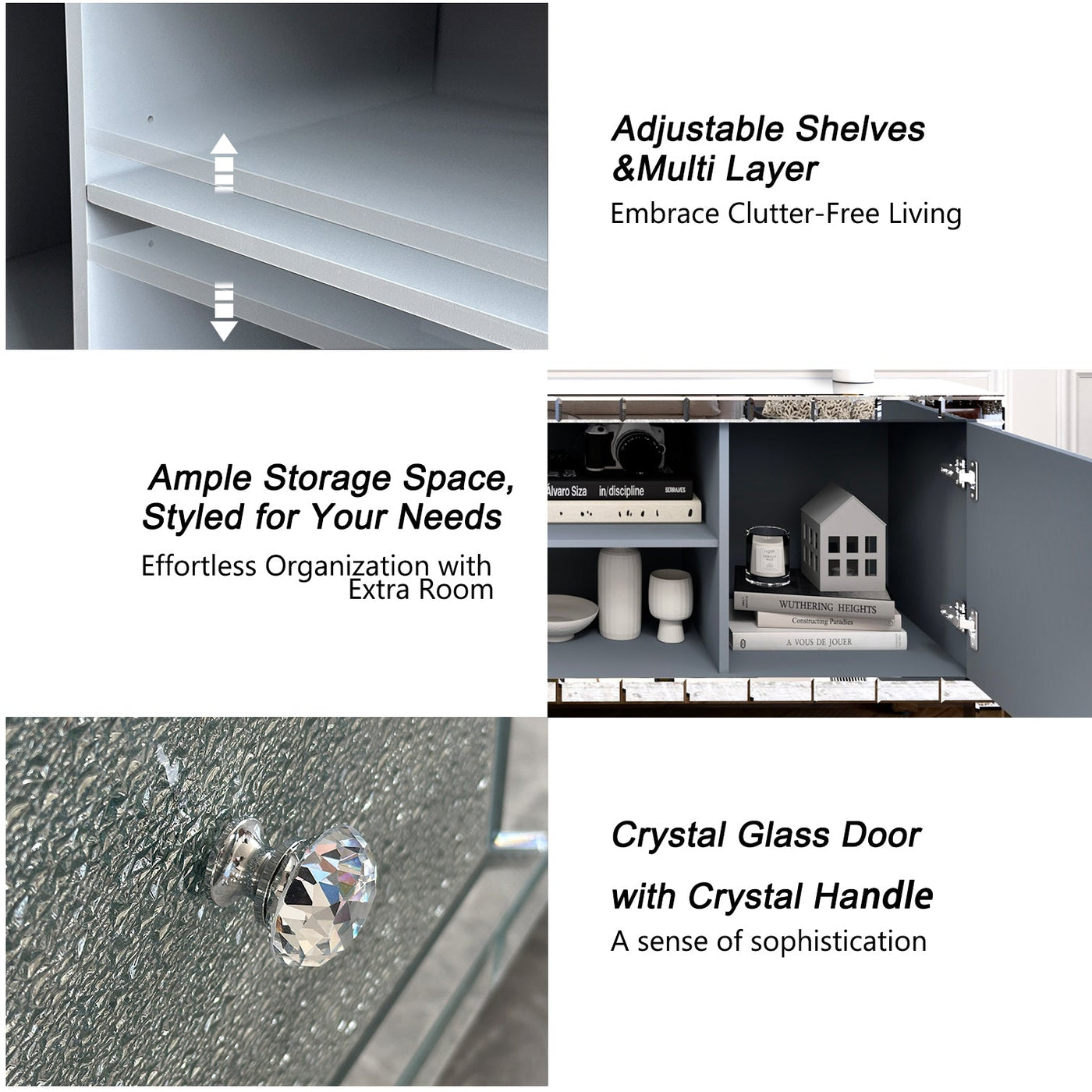 60' Mirrored TV Stand with Crushed Diamond Glass Doors - Modern Media Entertainment Center for Living Room, Adjustable Storage TV Console Table for 65-Inch TV