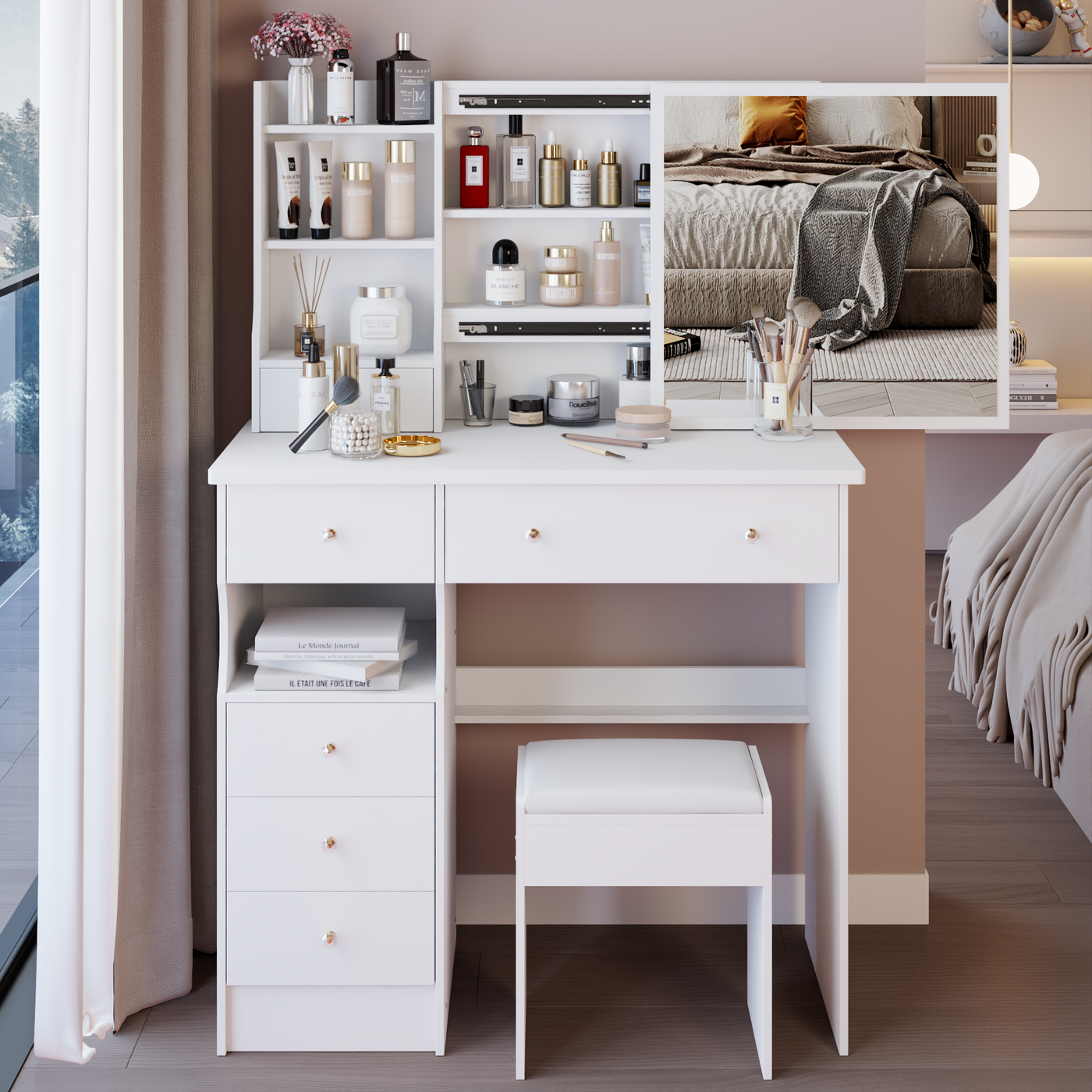 37' Middle Size Left Drawer Desktop Vanity Table + Cushioned Stool, Extra Large Right sliding mirror, Multi Layer High Capacity Storage, Practical Fashionable Dresser, Suitable For Large Space