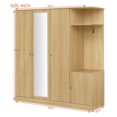 4-Door Wardrobe with Shelves, Drawers, and Full-Length Mirror, Natural