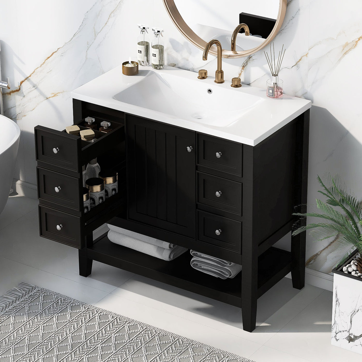 36' Bathroom Vanity with Sink Combo, One Cabinet and Three Drawers, Solid Wood and MDF Board, Black (Old Sku:SY999505AAB)