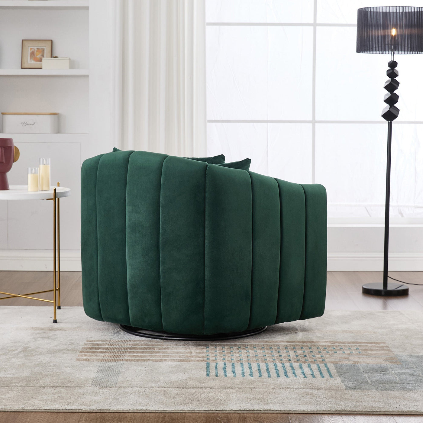 40.35'W Upholstered Oversized 360° Swivel Accent Barrel Chair and Half Cozy Sofa with 3 Pillows, Velvet Channel Tufted Pumpkin-Shape Club Armchair for Living Room, Bedroom, Office, Lounge, Green