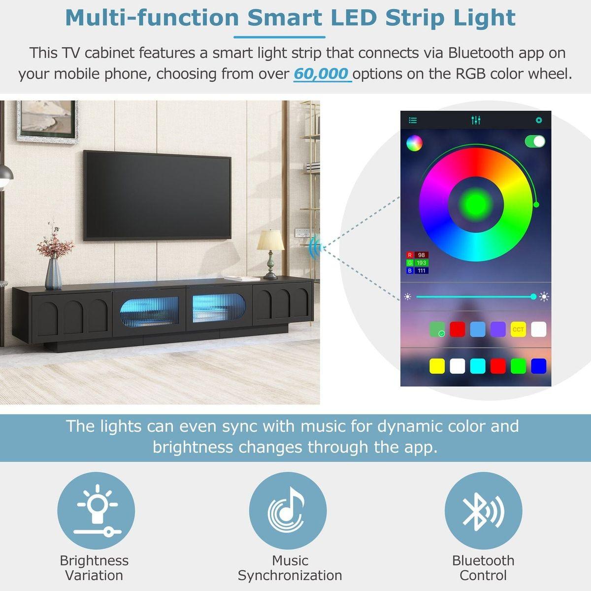 TV Stand with Fluted tempered Glass Doors for TVs Up to 95", Functional Media Console with Arched Cabinet Doors, Entertainment Center with APP-Controlled LED Light for Living Room, Black